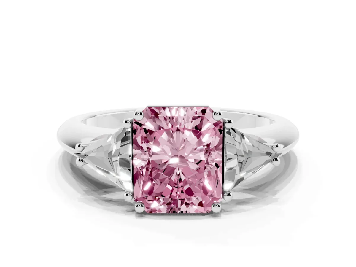 Fancy Pink Three-Stone Radiant Cut Diamond Engagement Ring with Trillion Side Stones and Prong Setting White gold