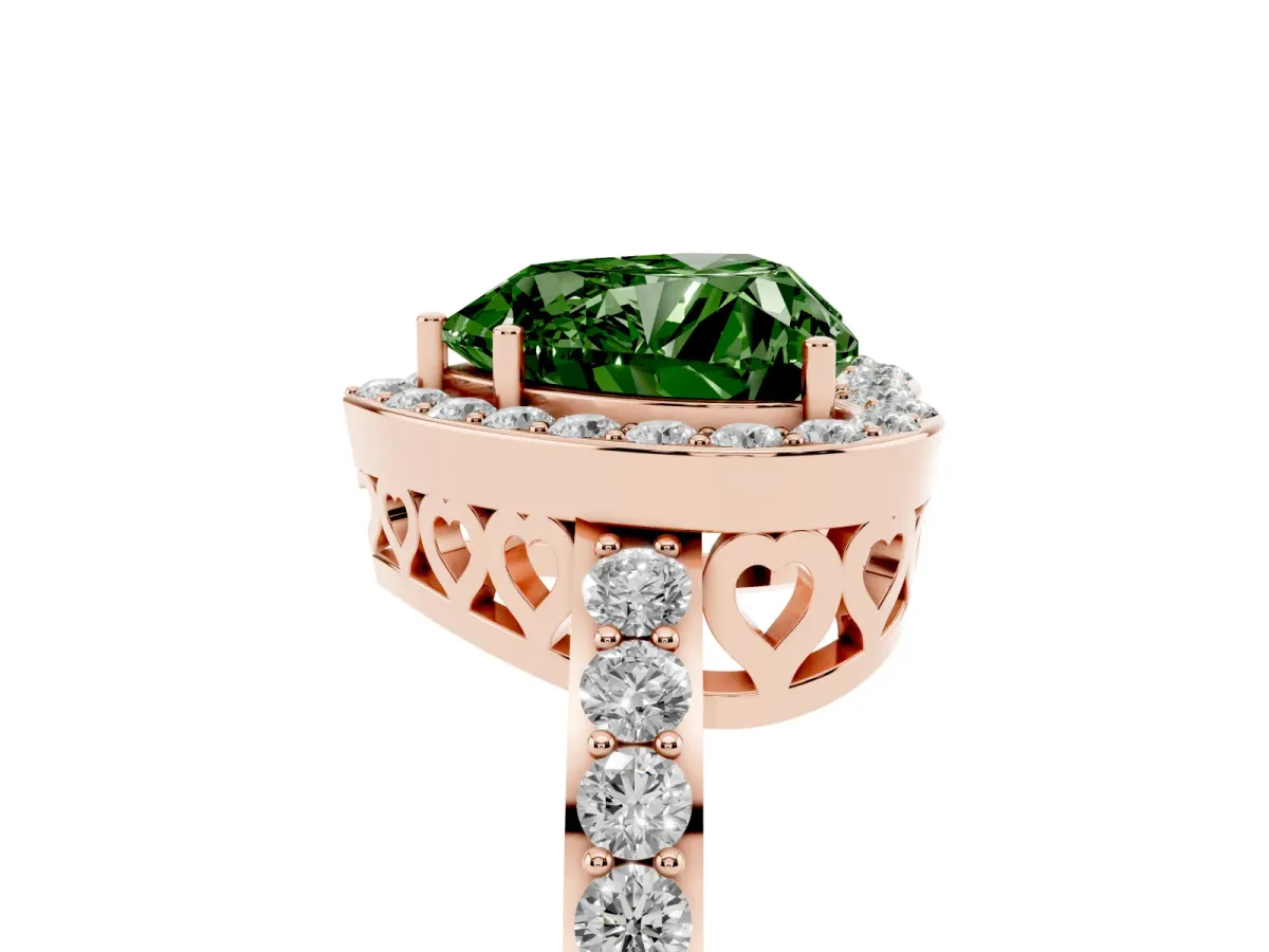 Fancy Green Heart Cut Halo Diamond Pavé Band Ring with Prong Setting Rose gold
