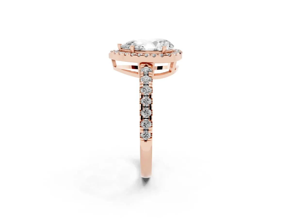 Pear Cut Diamond Halo Ring with Pavé Band and Four-Prong Setting Rose gold