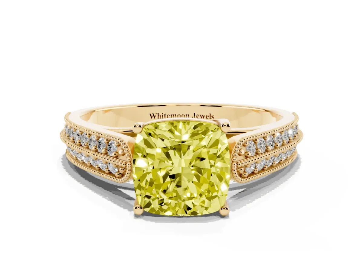 Fancy Yellow Cushion Cut Cut Pave Split Shank Engagement Ring with Four-Prong Setting Yellow gold