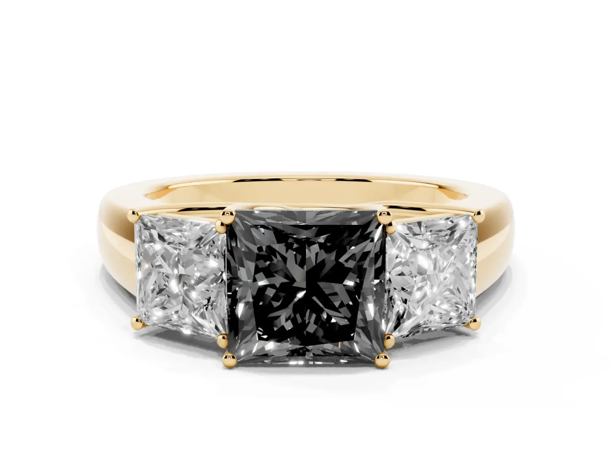 Fancy Black Three-Stone Princess Cut Cut Diamond Ring with Prong Setting and Classic Band Yellow gold