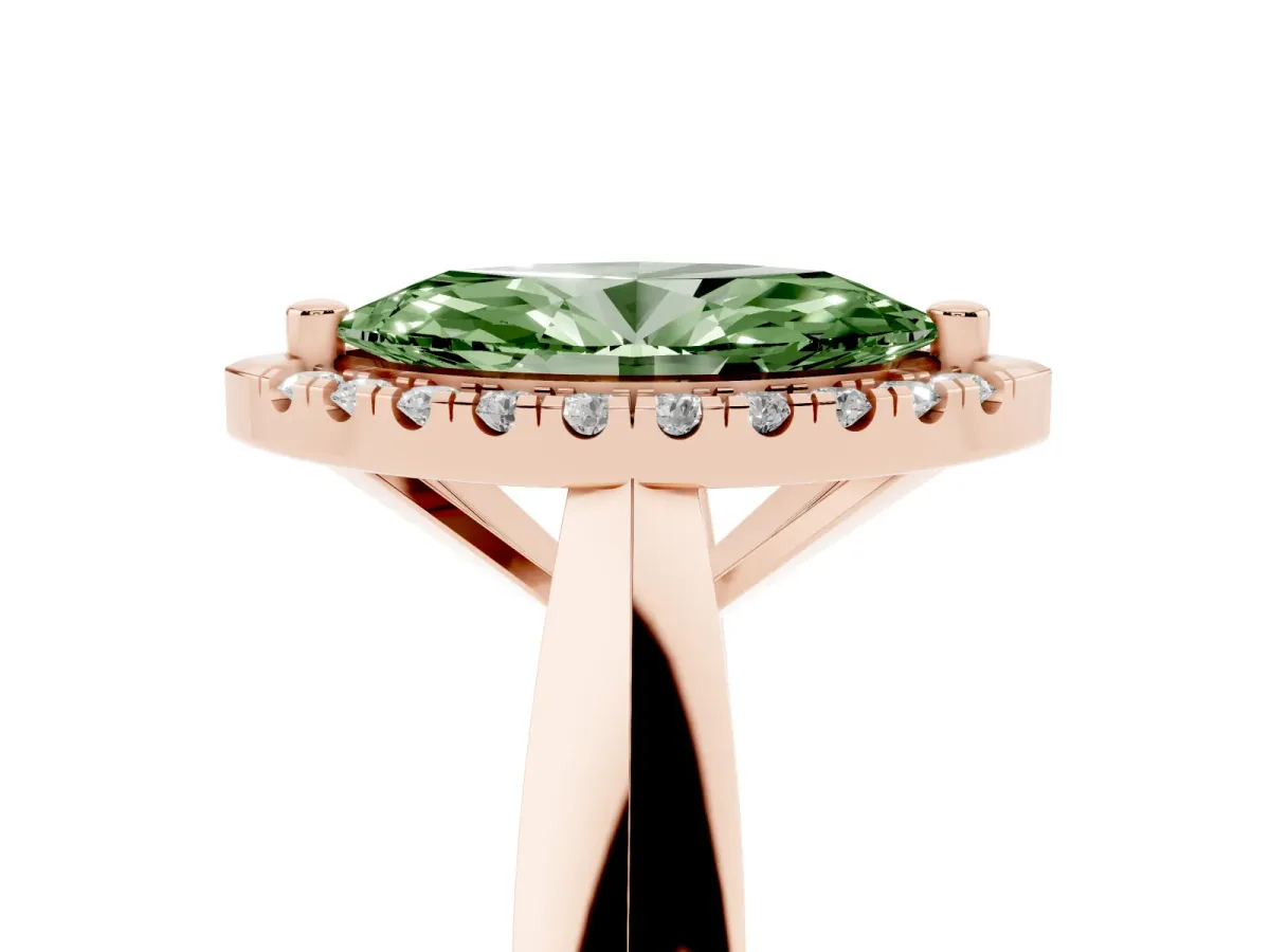 Fancy Green Marquise Cut Cut Halo Solitaire Engagement Ring with Square Band and Four-Prong Setting Rose gold