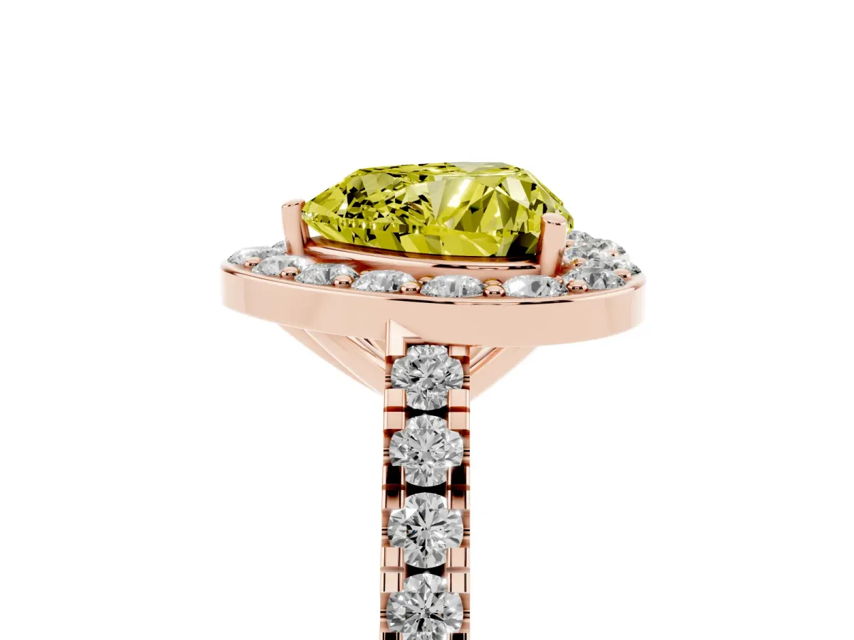 Fancy Yellow Heart Cut Diamond Halo Ring with Round Pavé Split Shank and Prong Setting Rose gold