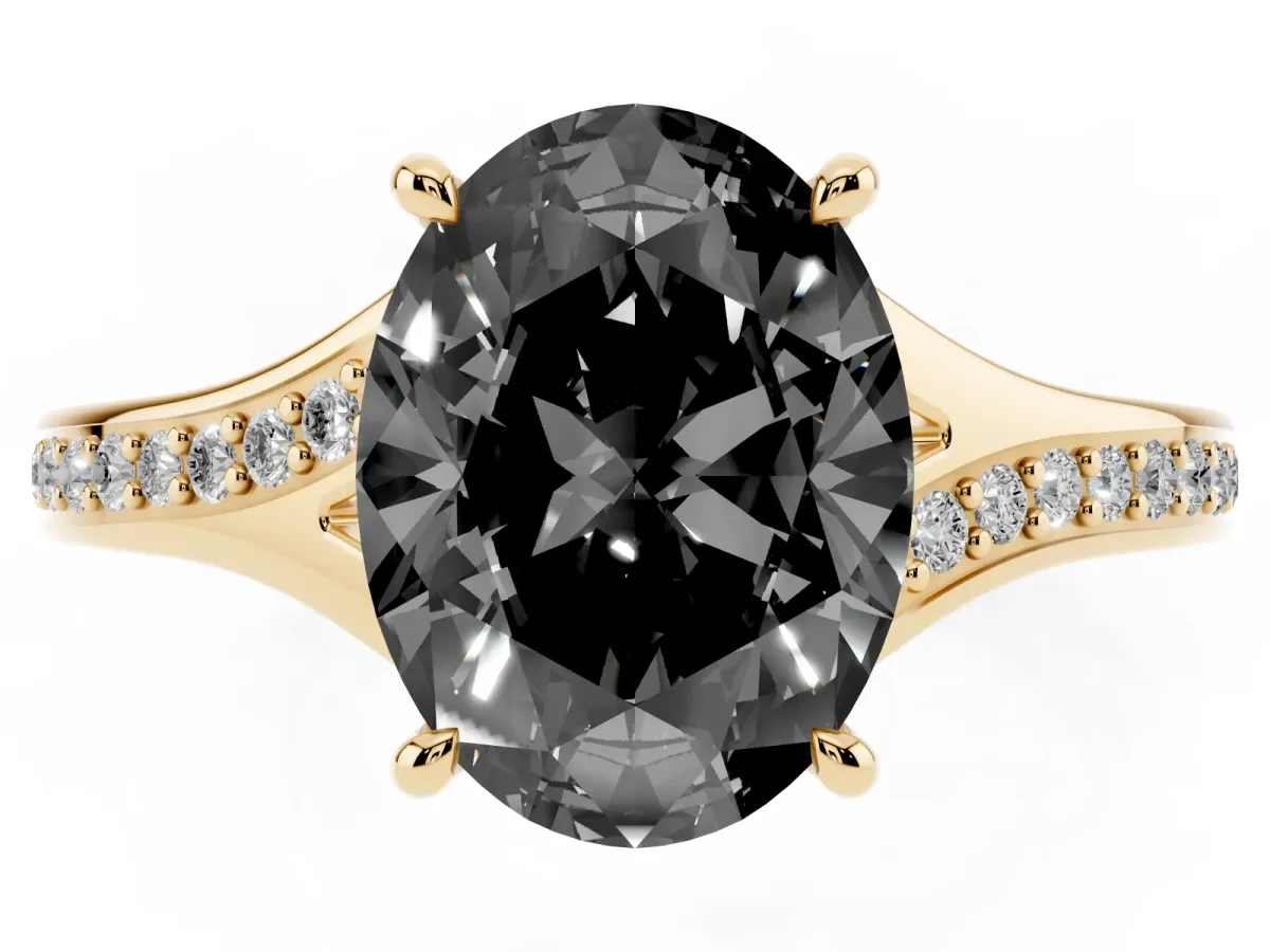 Fancy Black Oval Cut Diamond Solitaire Ring with Pavé Band and Prong Setting Yellow gold