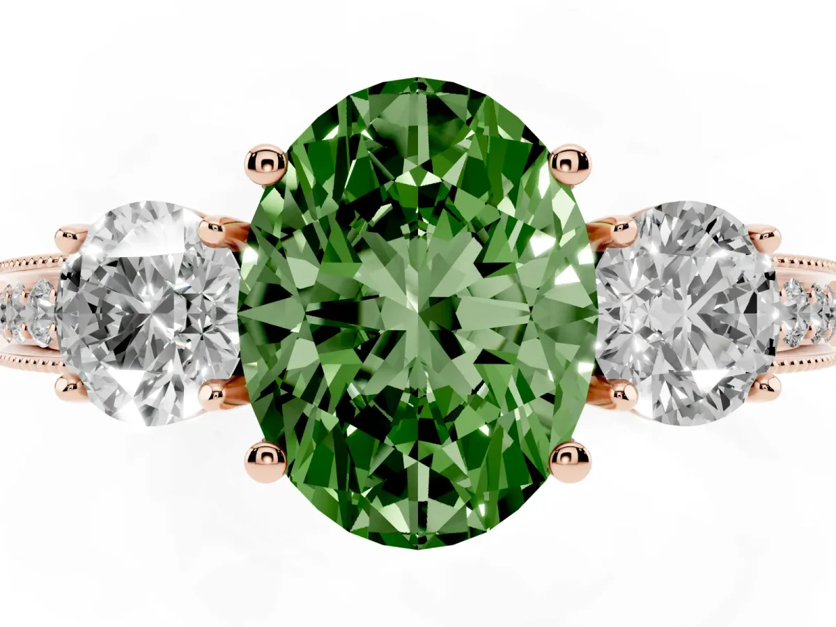 Fancy Green Oval Cut Three-Stone Diamond Ring with Pavé Band and Four-Prong Setting Rose gold