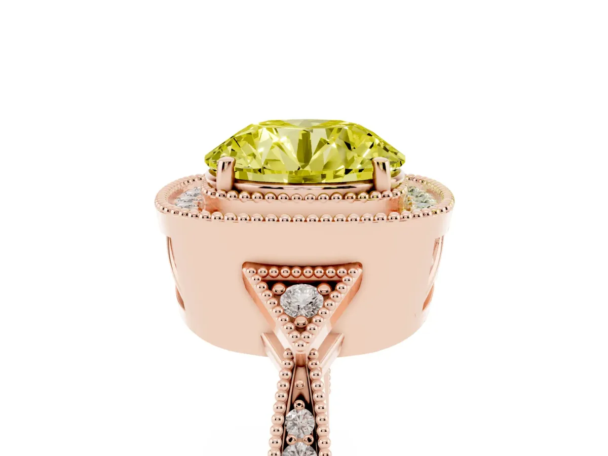 Fancy Yellow Round Cut Halo Round Diamond Milgrain Pave Engagement Ring Rose gold