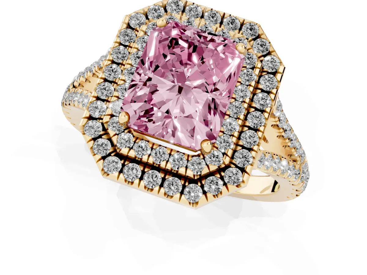Fancy Pink Radiant Cut Diamond Double Halo Ring with Pavé Band and Prong Setting Yellow gold