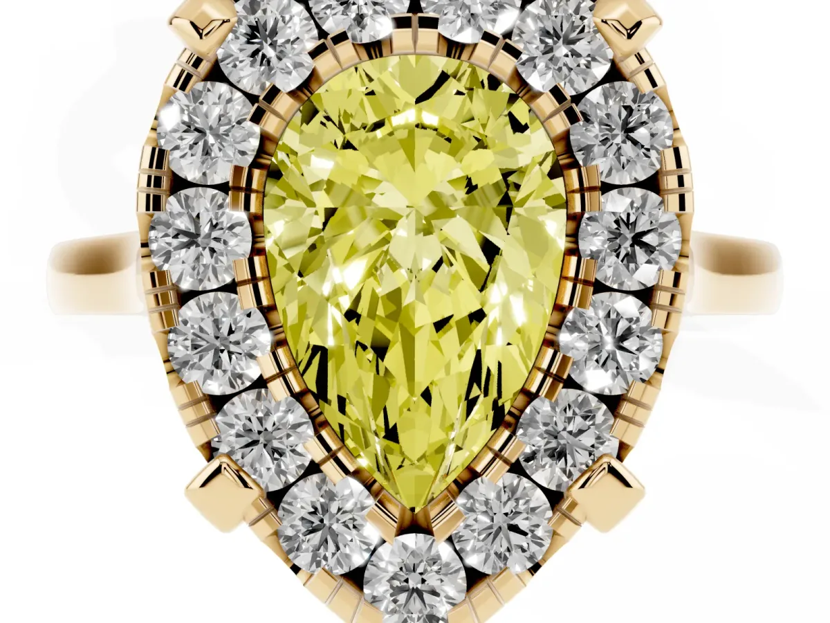 Fancy Yellow Pear Cut Diamond Cluster Halo Solitaire with Four-Prong Setting Yellow gold