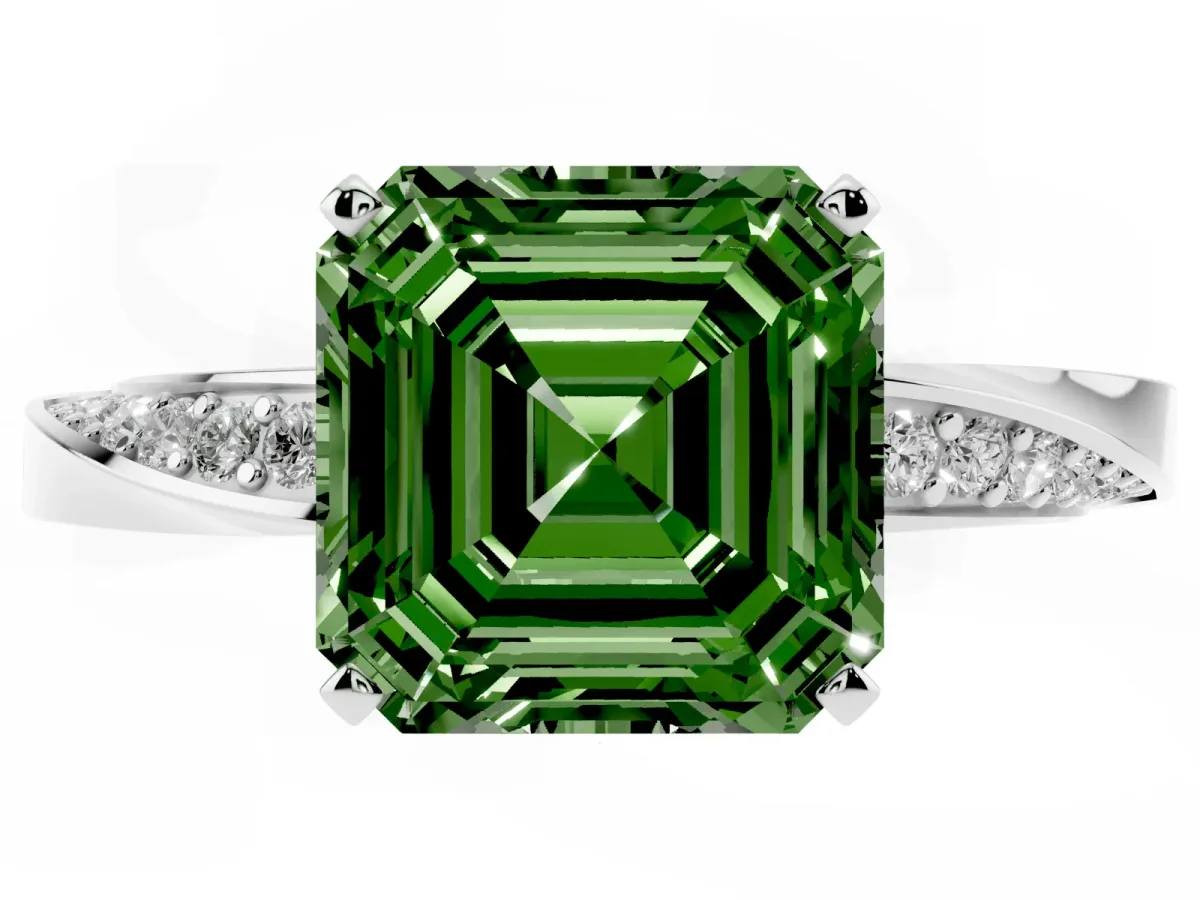 Fancy Green Asscher Cut Diamond Engagement Ring with Side Stone Accents and Four-Prong Setting Platinum