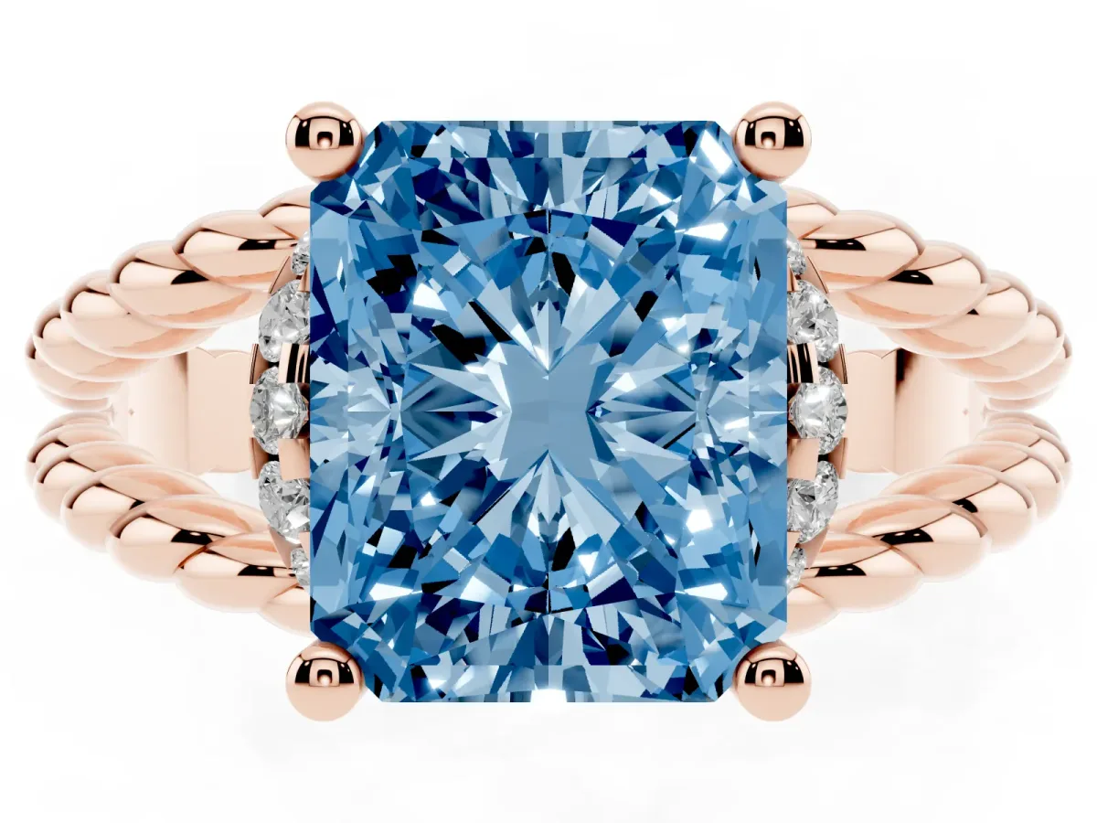 Fancy Blue Radiant Cut Halo Twisted Band Four-Prong Ring Rose gold