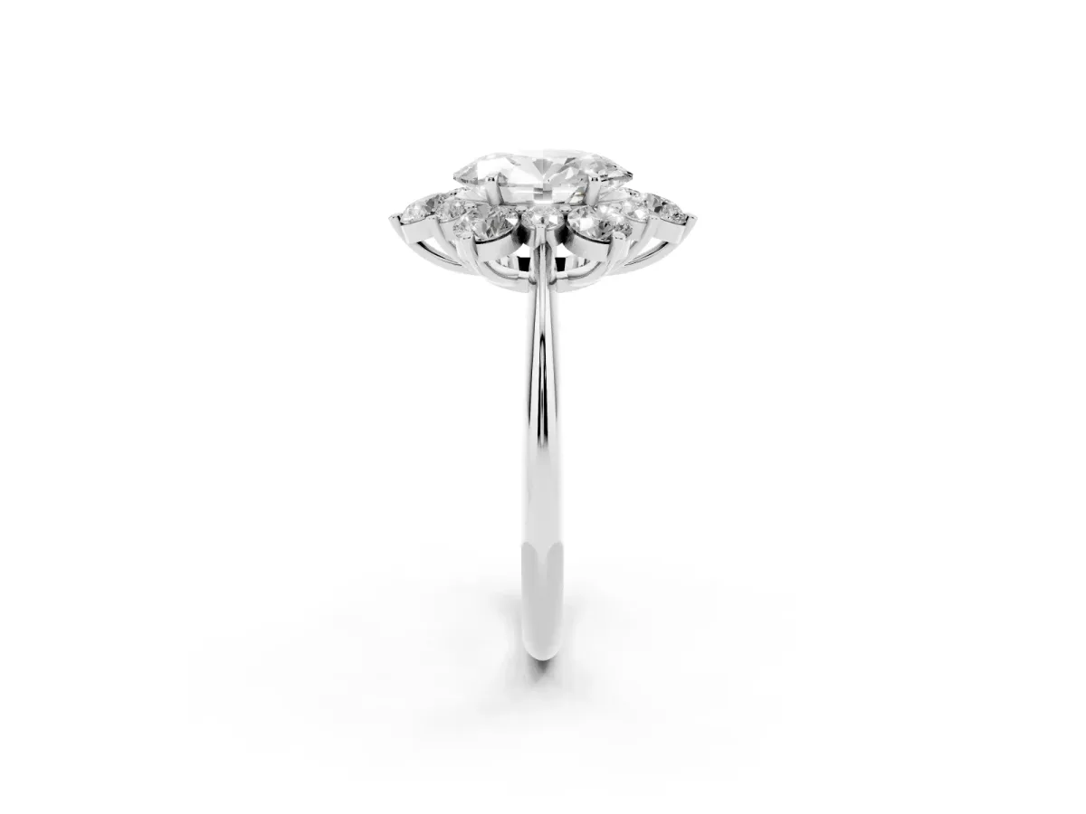 Oval Cut Diamond Cluster Halo Ring with Solitaire Band and Four-Prong Setting Silver