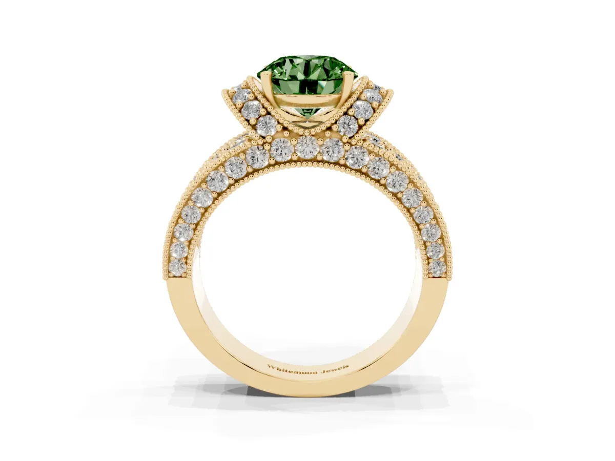 Fancy Green Round Cut Halo Pave Diamond Engagement Ring with Milgrain Detailing Yellow gold