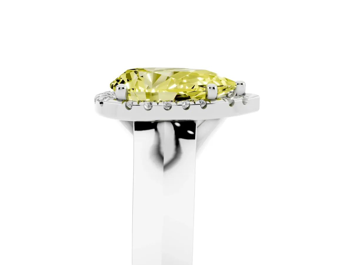 Fancy Yellow Pear Cut Halo Diamond Ring with Cathedral Band and Four-Prong Setting Silver