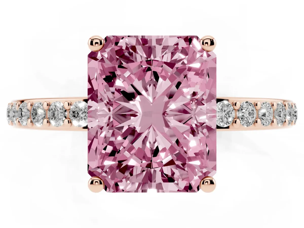 Fancy Pink Radiant Cut Cut Diamond Pavé Band Ring with Four-Prong Setting Rose gold
