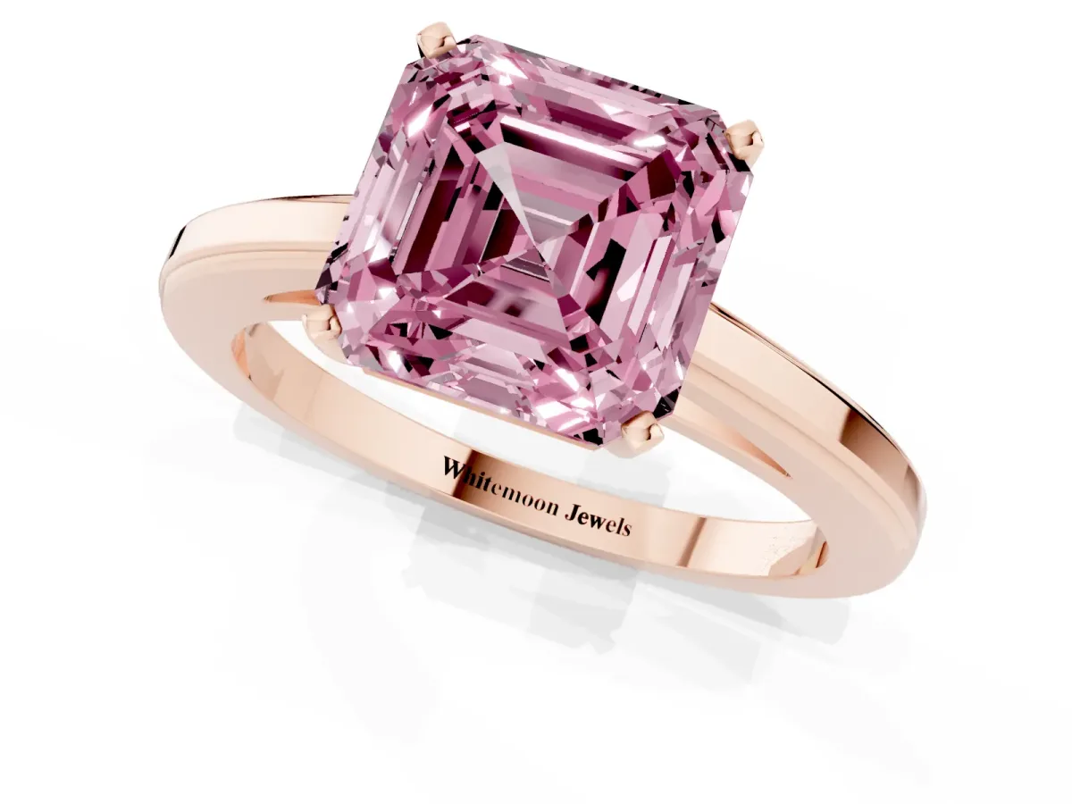 Fancy Pink Asscher Cut Solitaire Diamond Ring with Four-Prong Setting and Classic Band Rose gold