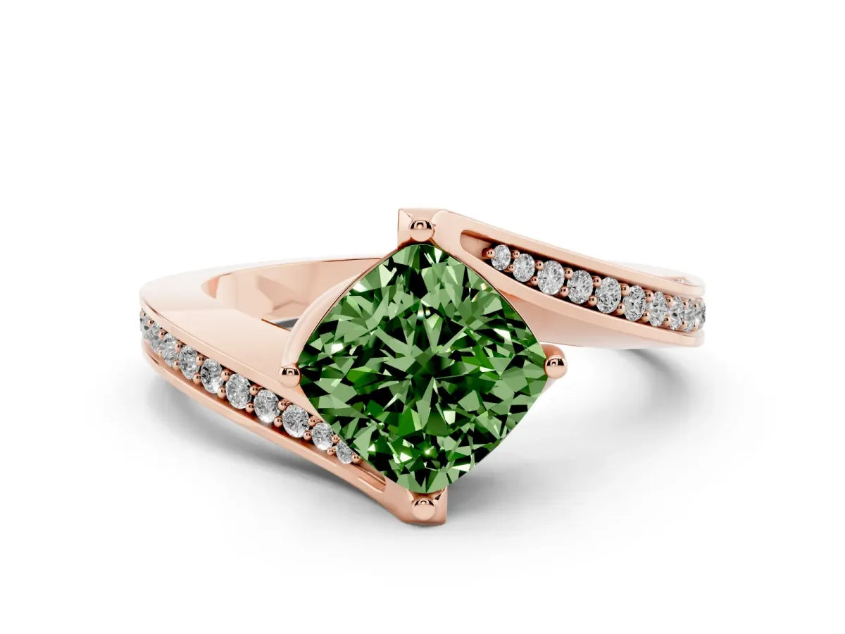 Fancy Green Cushion Cut Solitaire Diamond Twist Band with Pavé Setting and Four-Prong Setting Rose gold