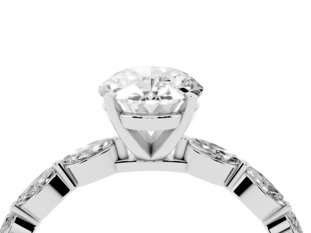 Oval Cut Diamond Ring with Marquise Side Stones and Prong Setting Silver