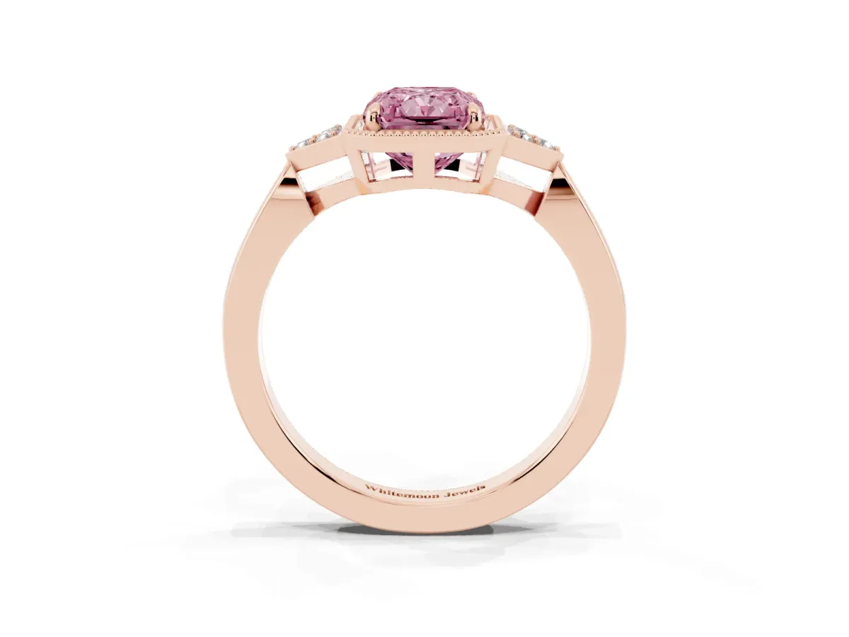 Fancy Pink Hexagonal Halo Radiant Cut Diamond Solitaire with Pavé Band and Four-Prong Setting Rose gold