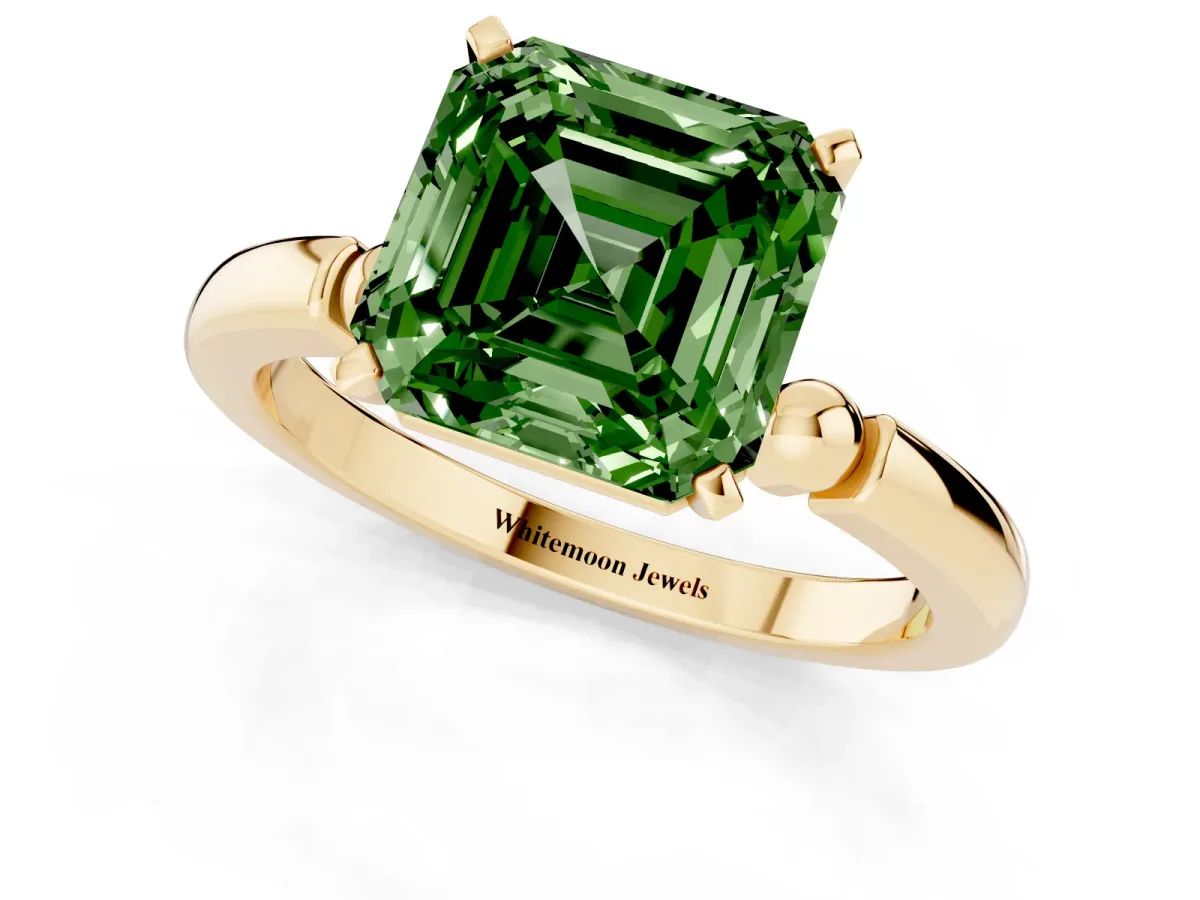 Fancy Green Asscher Cut Solitaire Beaded Band with Four-Prong Setting Yellow gold