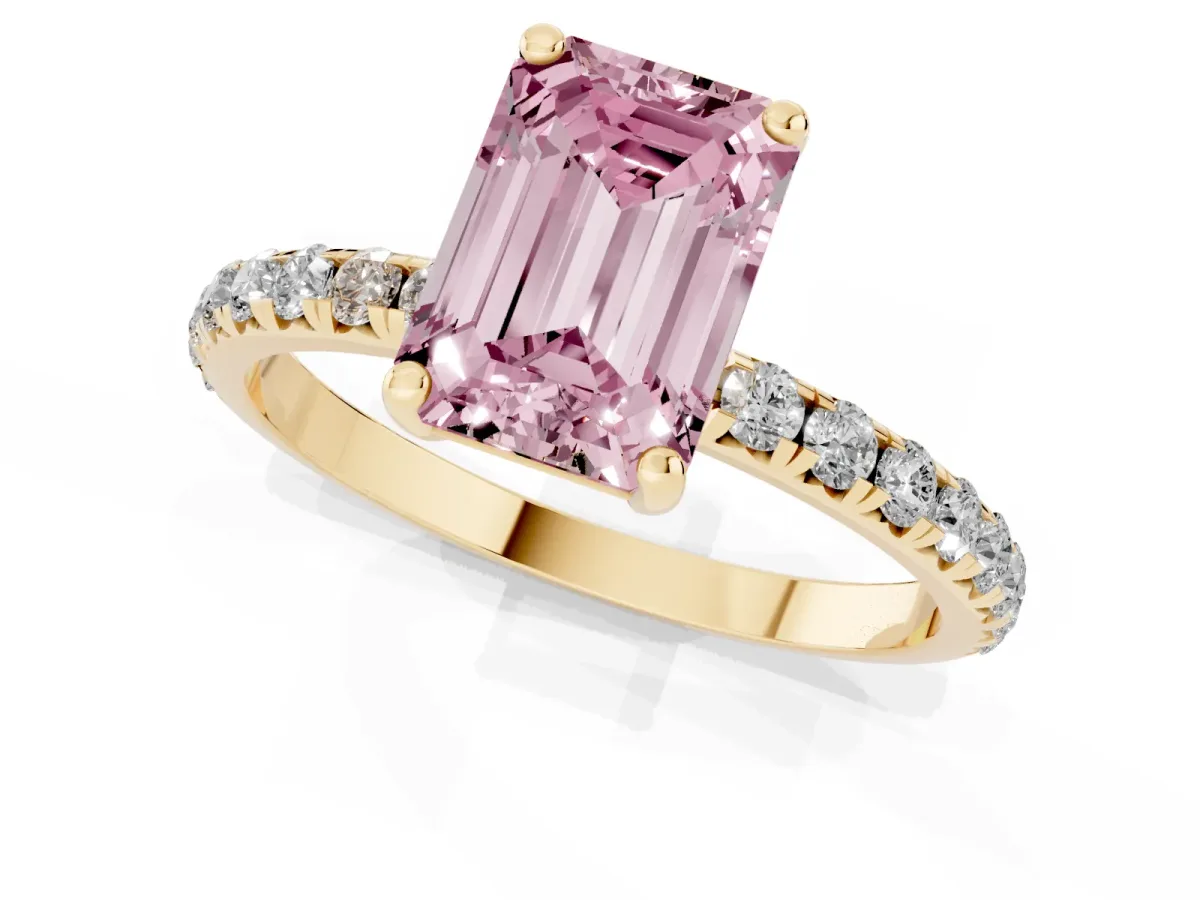 Fancy Pink Emerald Cut Cut Diamond Solitaire Ring with Micro Pave Band and Four Prong Setting Yellow gold