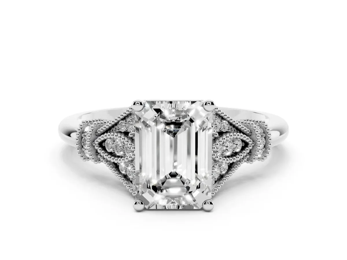 Emerald Cut Diamond Solitaire Ring with Floral Filigree and Pave Accents Silver