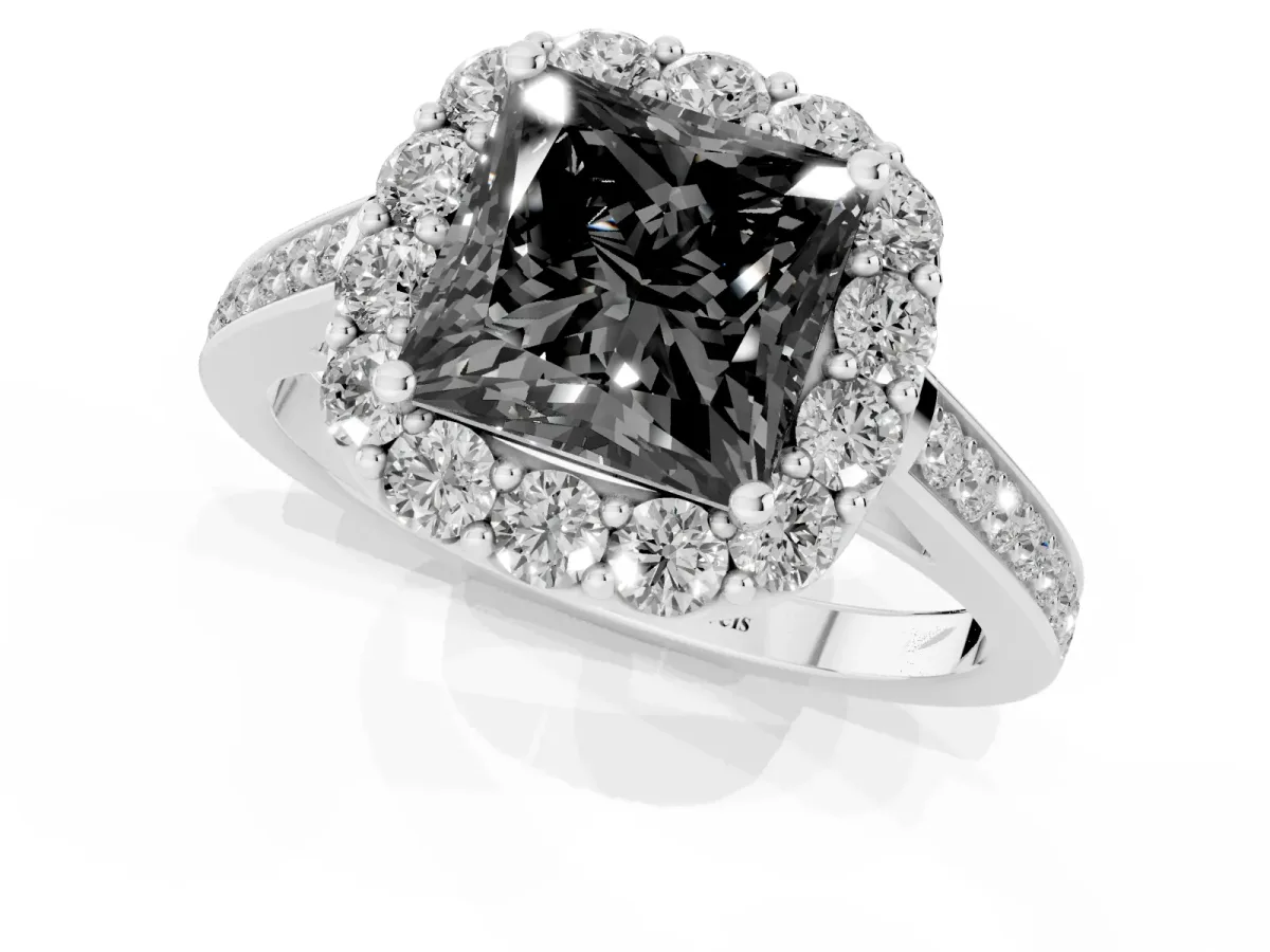 Fancy Black Princess Cut Diamond Floral Halo Ring with Pavé Band and Prong Setting White gold