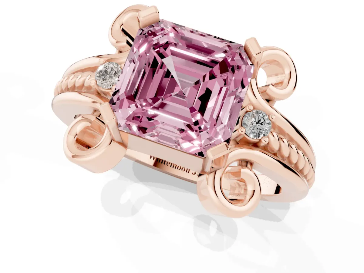 Fancy Pink Asscher Cut Solitaire Twisted Band Scroll Prong Ring Rose gold