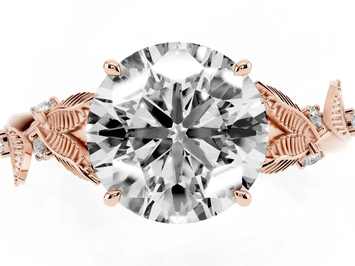 Round Cut Diamond Solitaire Ring with Leaf Motif Band and Four-Prong Setting Rose gold