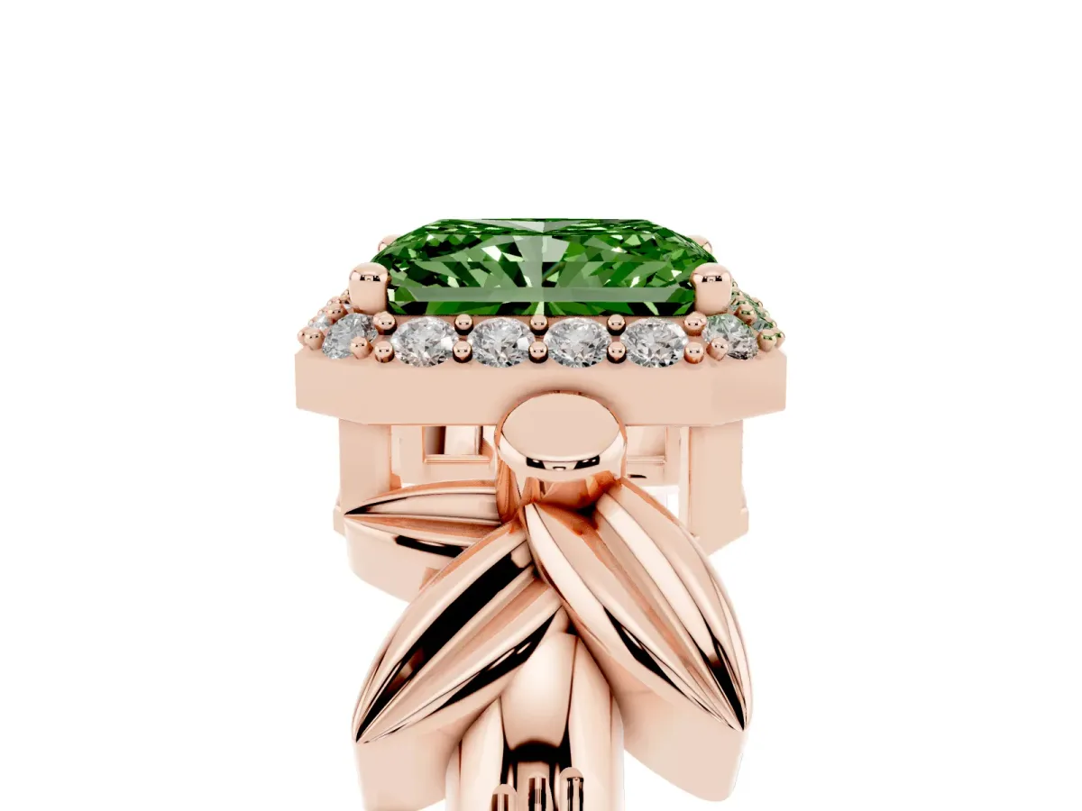 Fancy Green Radiant Cut Halo Diamond Floral Band with Four-Prong Setting Rose gold