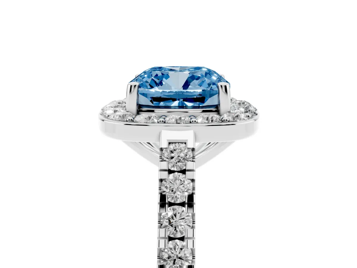 Fancy Blue Cushion Cut Diamond Halo Ring with Round Pavé Split Shank and Prong Setting Silver