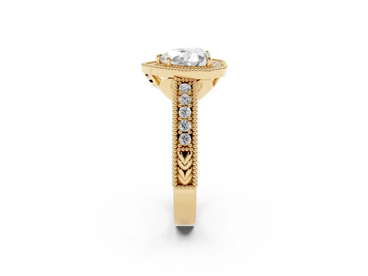 Heart Cut Cut Halo Diamond Ring with Pavé Band and Four-Prong Setting Yellow gold
