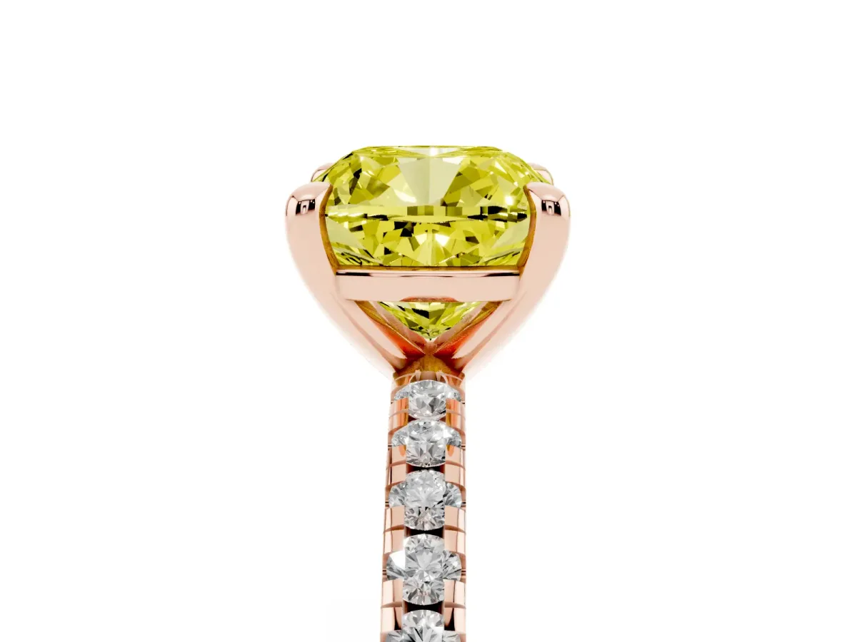 Fancy Yellow Cushion Cut Diamond Brilliant Solitaire Ring with Pavé Band and Four-Prong Setting Rose gold