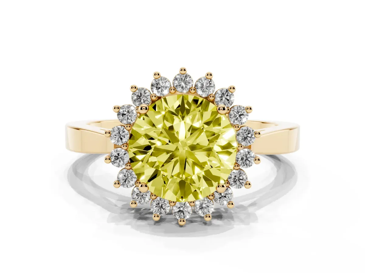 Fancy Yellow Round Cut Cut Diamond Halo Ring with Round Brilliant Halo and Solitaire Band Yellow gold