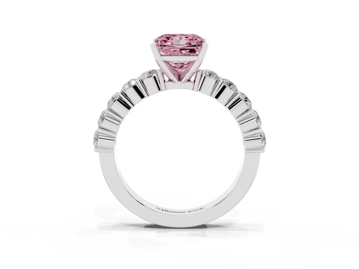 Fancy Pink Princess Cut Diamond Solitaire Ring with Shared Prong Round Side Stones Silver