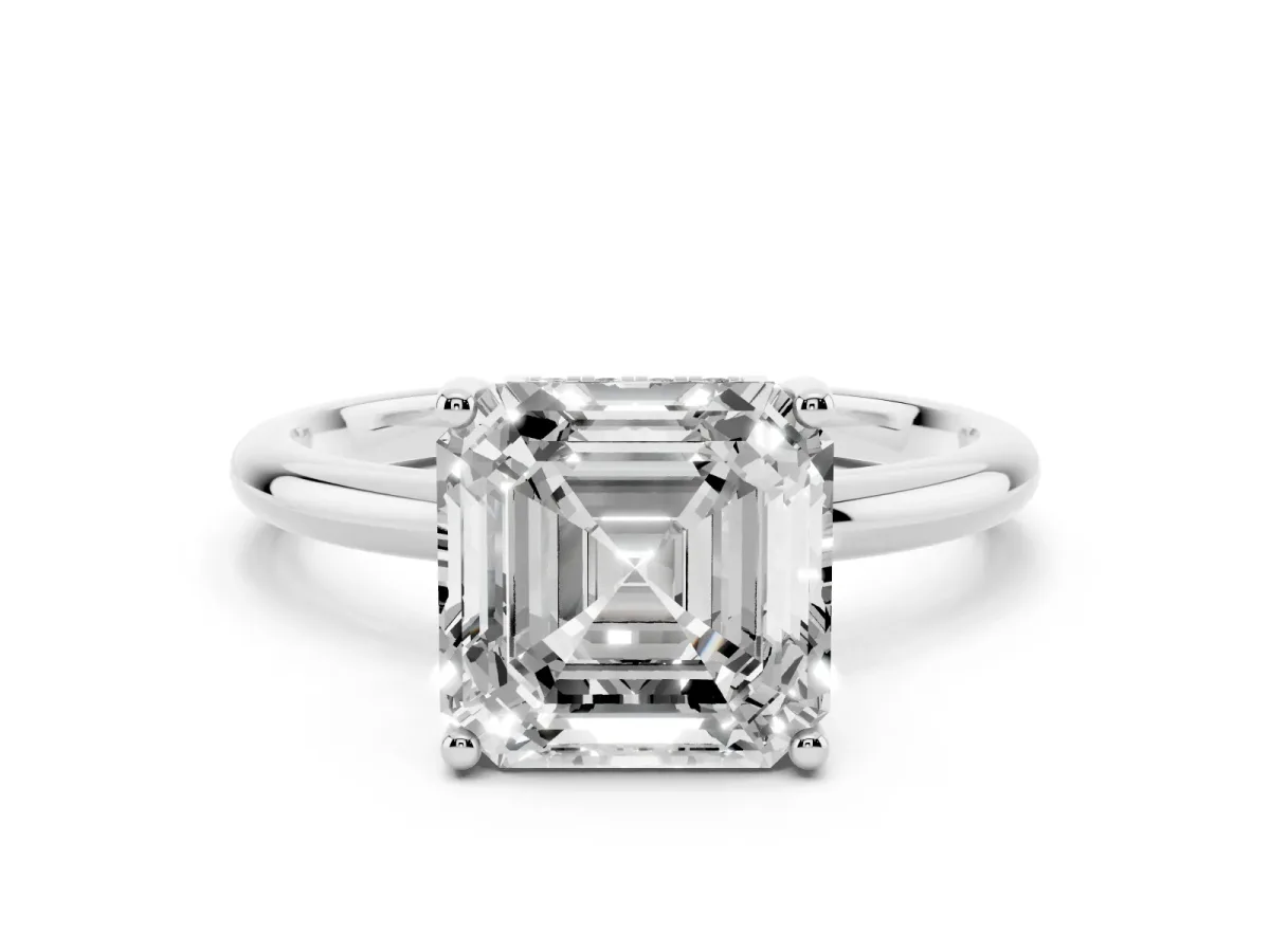 Asscher Cut Cut Solitaire Engagement Ring with Four-Prong Setting and Classic Band Silver