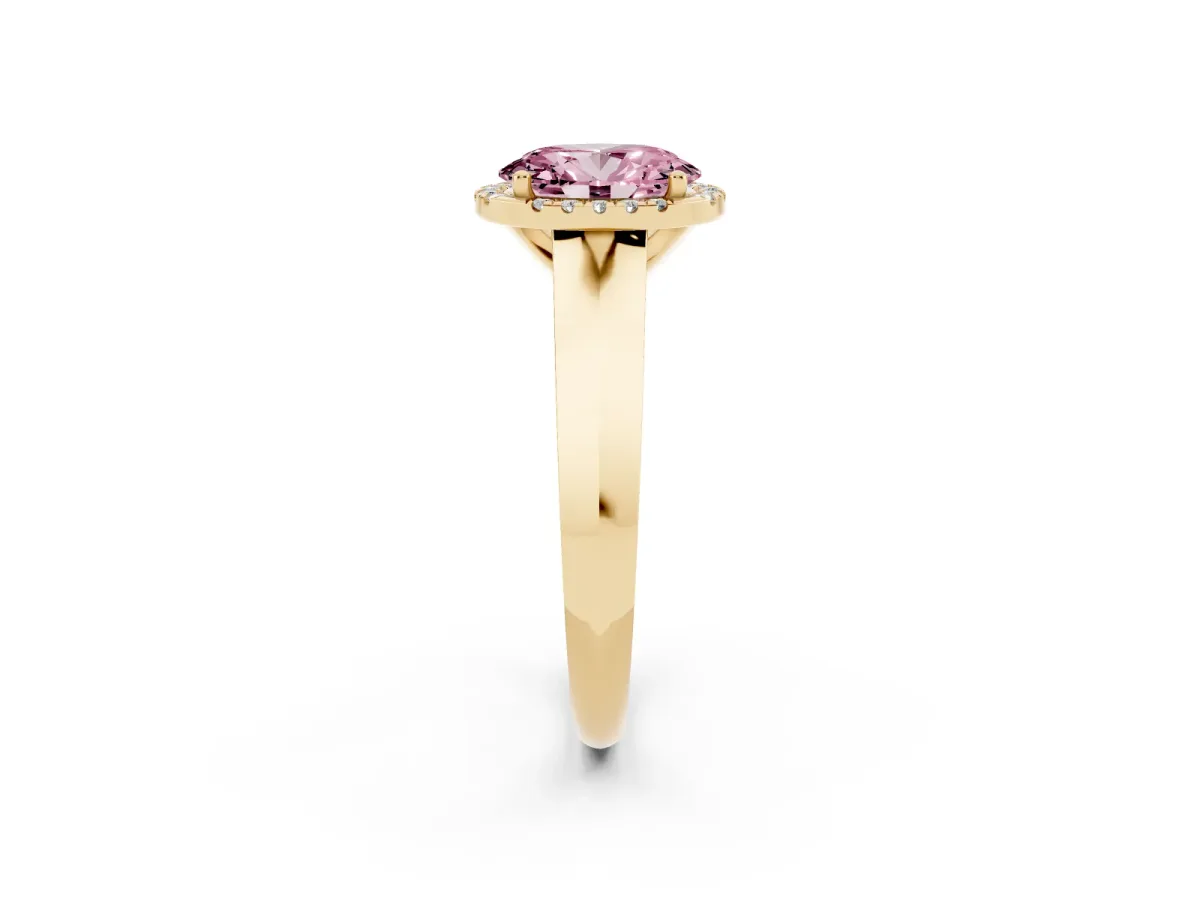 Fancy Pink Oval Cut Halo Diamond Ring with Cathedral Band and Four-Prong Setting Yellow gold