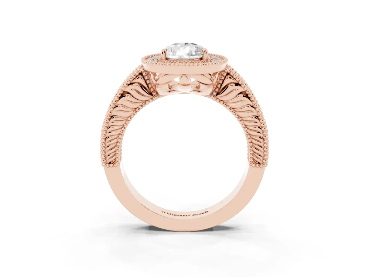 Pear Cut Cut Halo Diamond Ring with Pavé Band and Four-Prong Setting Rose gold