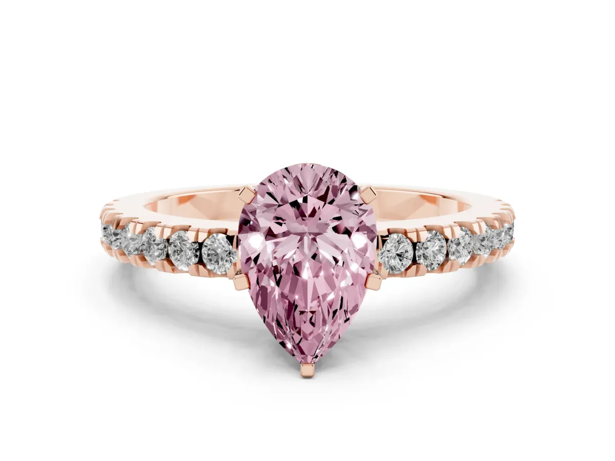 Fancy Pink Pear Cut Solitaire Diamond with Pavé Band and Four-Prong Setting Rose gold
