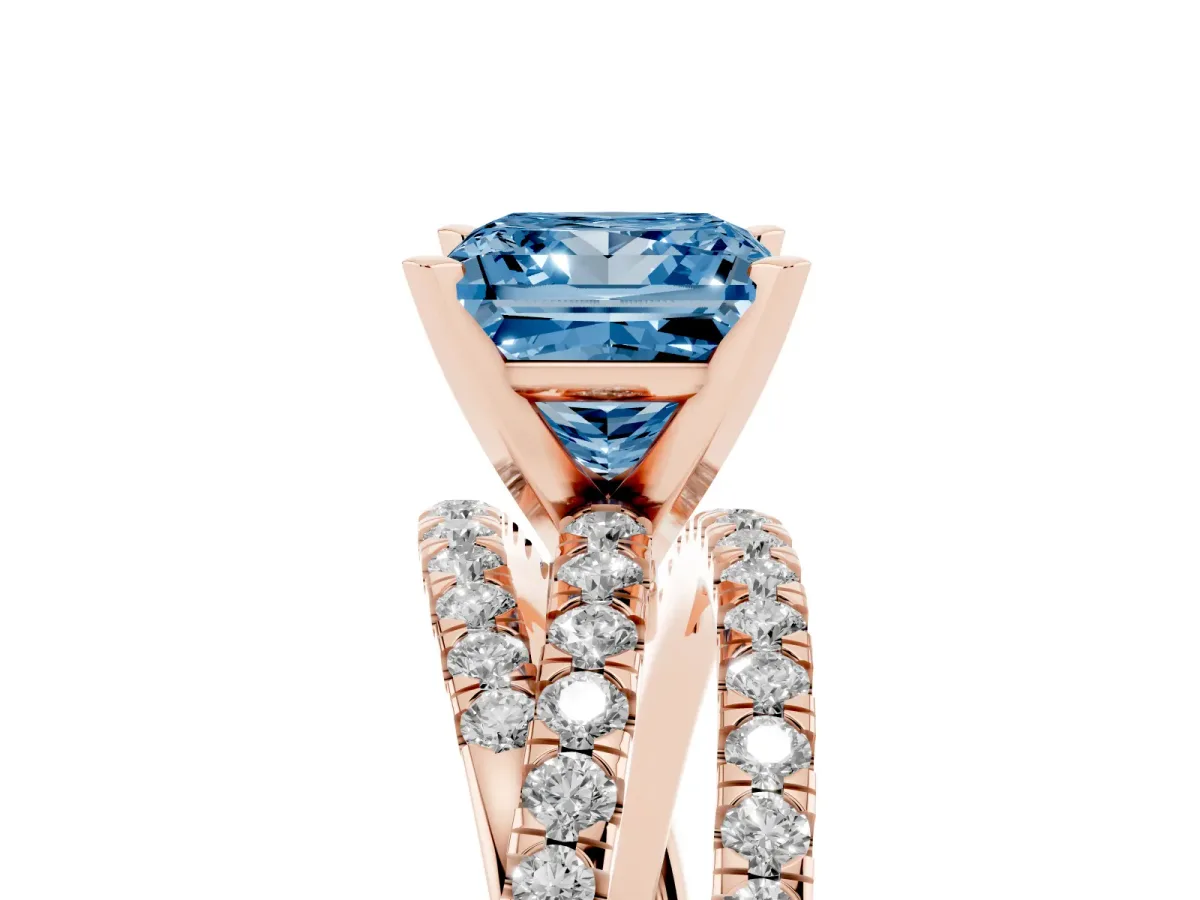 Fancy Blue Princess Cut Solitaire Twist Band with Pavé Setting and Four-Prong Setting Rose gold