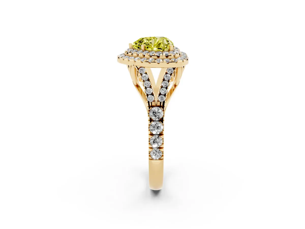 Fancy Yellow Double Halo Heart Cut Diamond Split Shank Engagement Ring with Four-Prong Setting Yellow gold