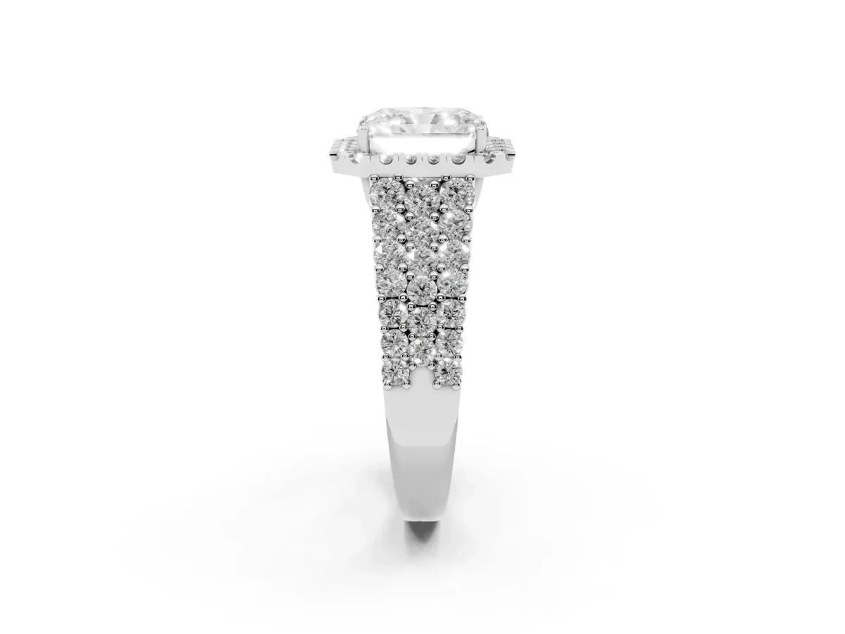 Radiant Cut Diamond Halo Engagement Ring with Triple Row Round Pavé Band and Prong Setting Platinum