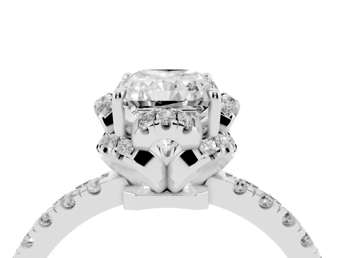 Radiant Cut Diamond Halo Pave Band with Four-Prong Setting Silver
