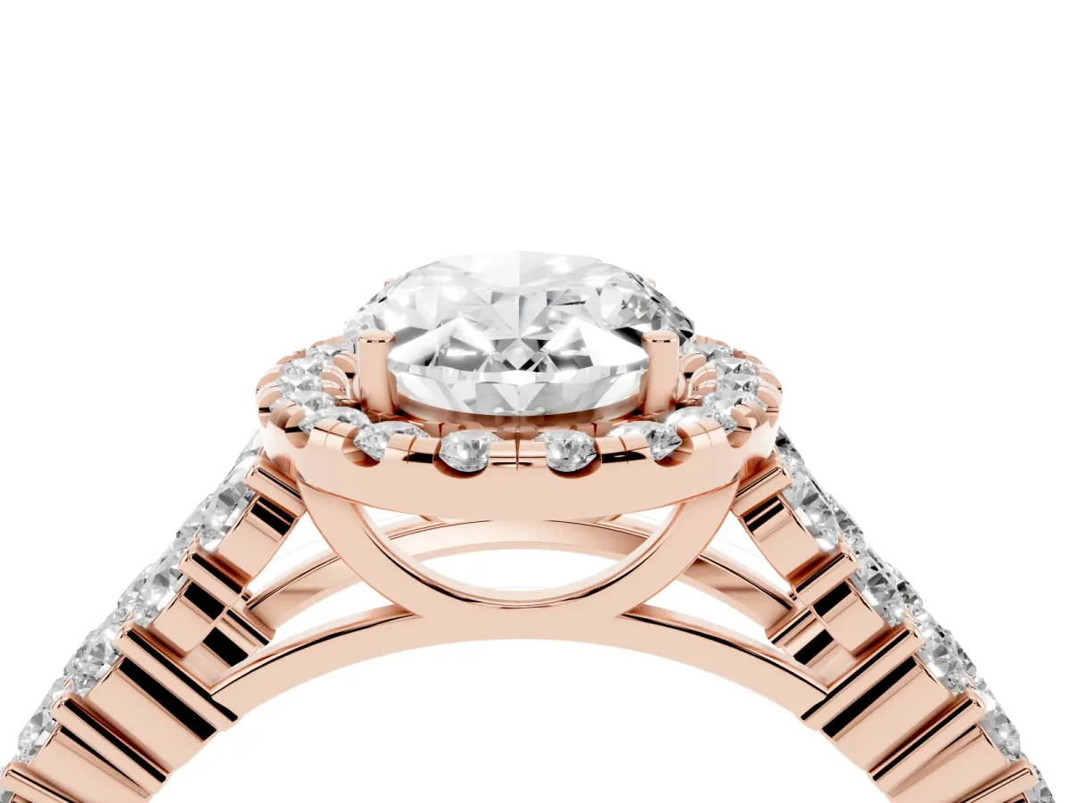 Oval Cut Diamond Halo Engagement Ring with Triple Row Round Pavé Band and Prong Setting Rose gold