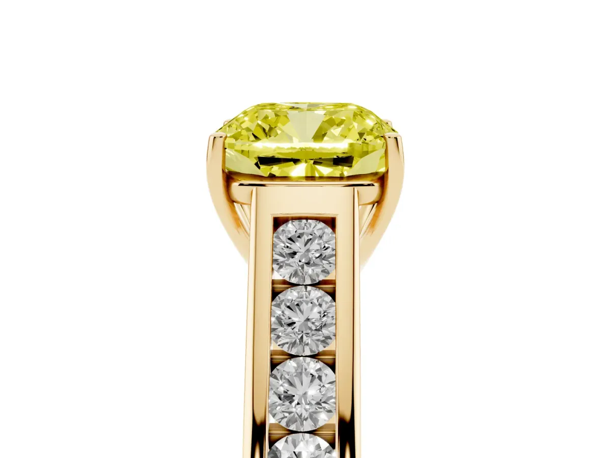 Fancy Yellow Cushion Cut Brilliant Channel-Set Solitaire Ring with Four-Prong Setting Yellow gold