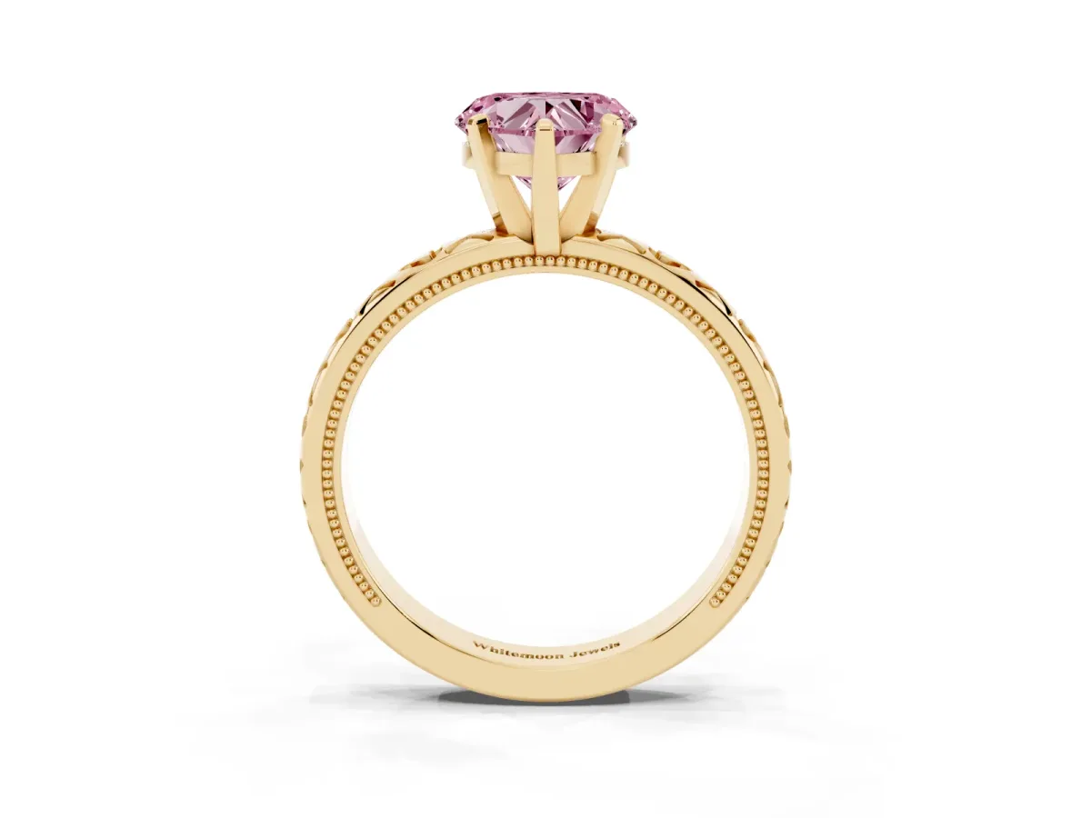 Fancy Pink Heart Cut Solitaire Diamond Engagement Ring with XO Engraved Band and Four-Prong Setting Yellow gold