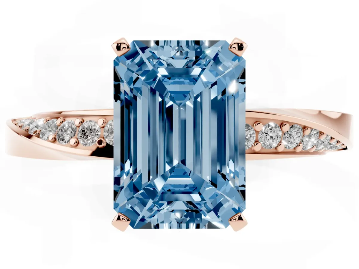Fancy Blue Emerald Cut Diamond Engagement Ring with Side Stone Accents and Four-Prong Setting Rose gold