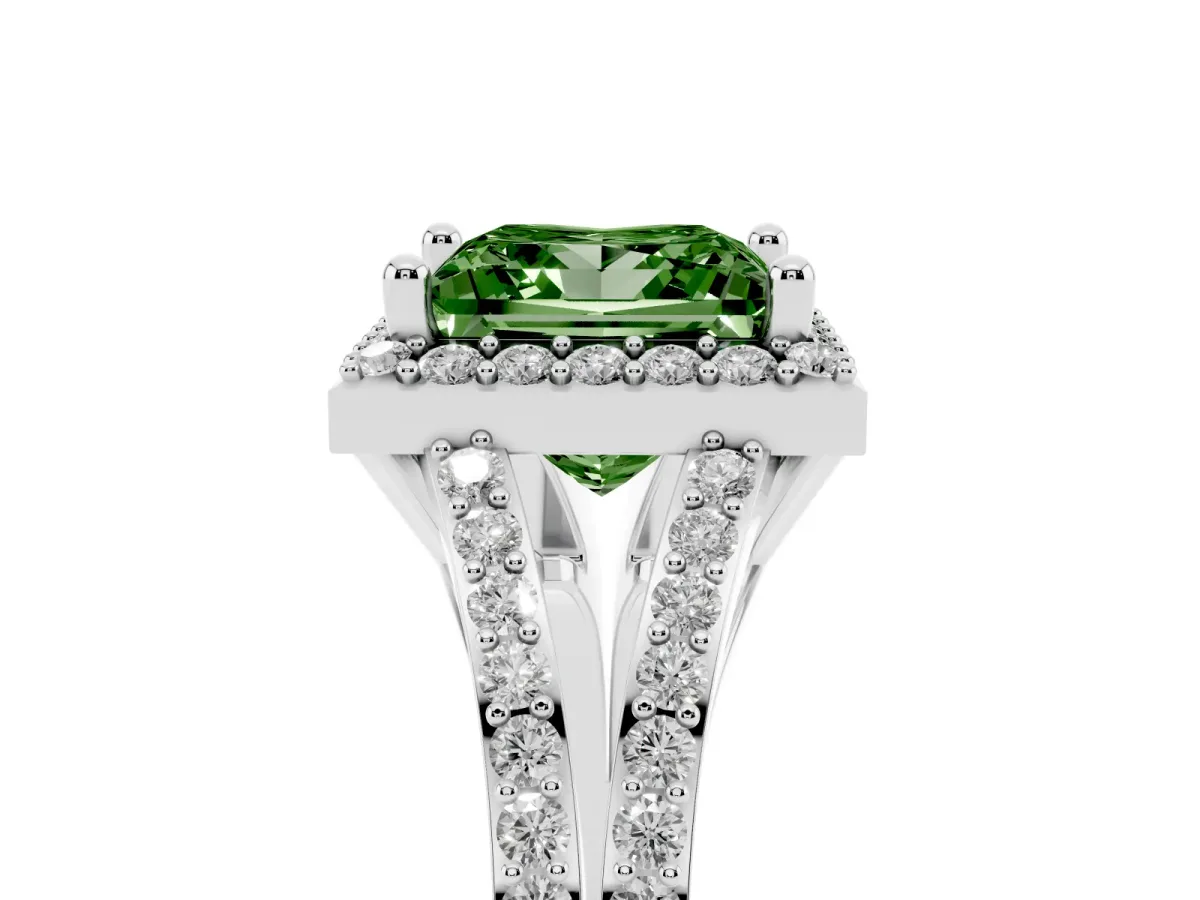 Fancy Green Princess Cut Halo Split Shank Pave Diamond Ring with Four-Prong Setting Silver