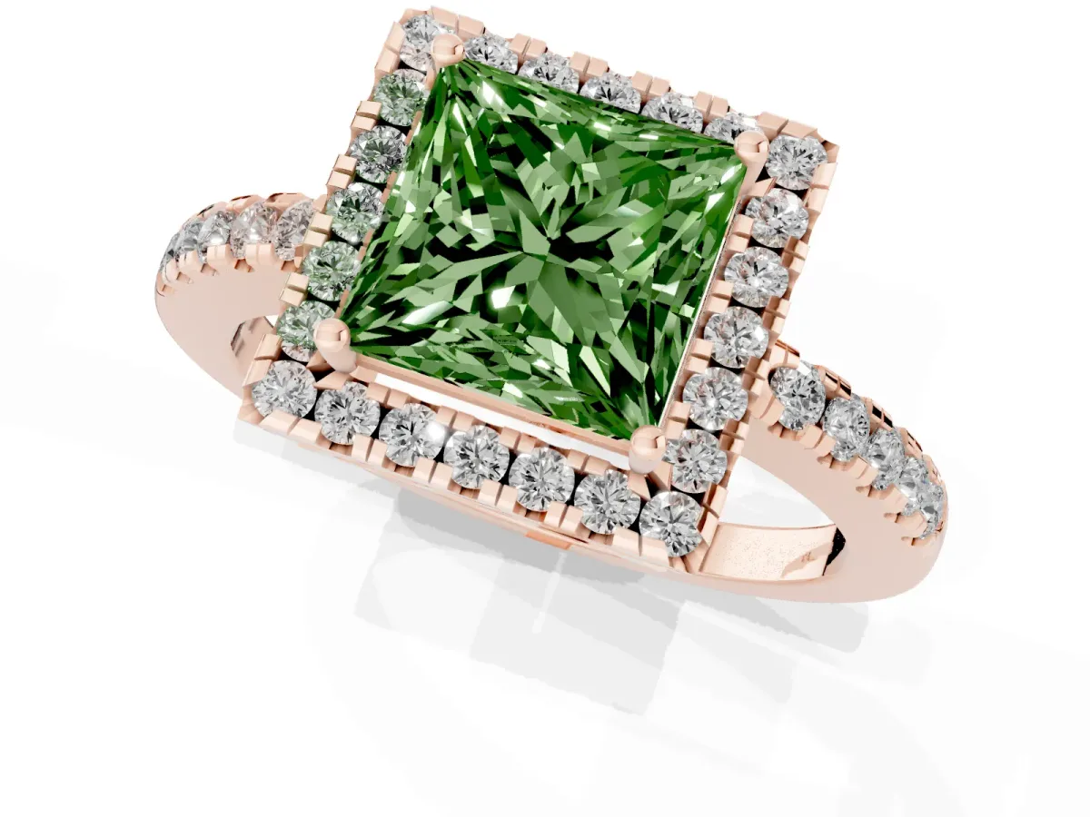 Fancy Green Princess Cut Halo Diamond Engagement Ring with Pavé Band and Four-Prong Setting Rose gold