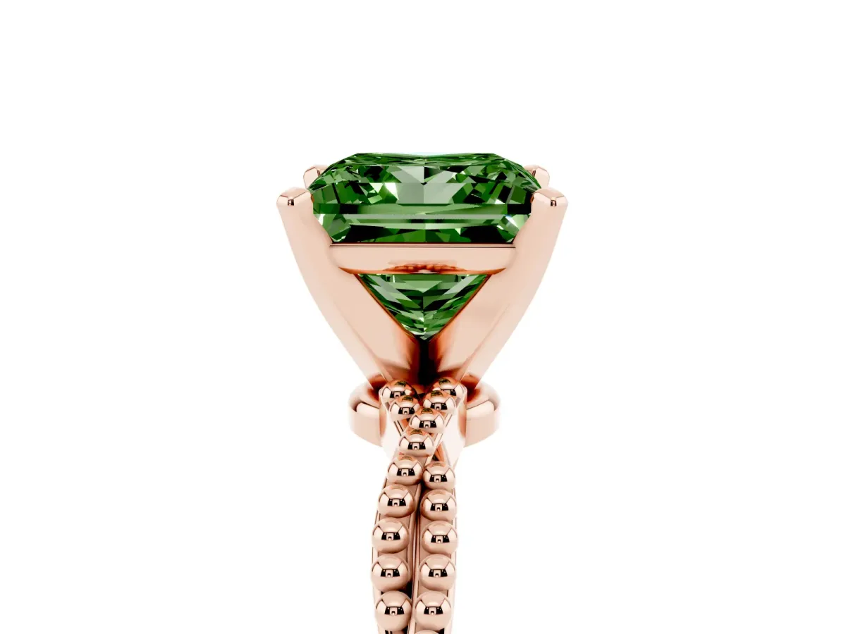 Fancy Green Princess Cut Solitaire Twisted Band with Bead Prong Setting Rose gold
