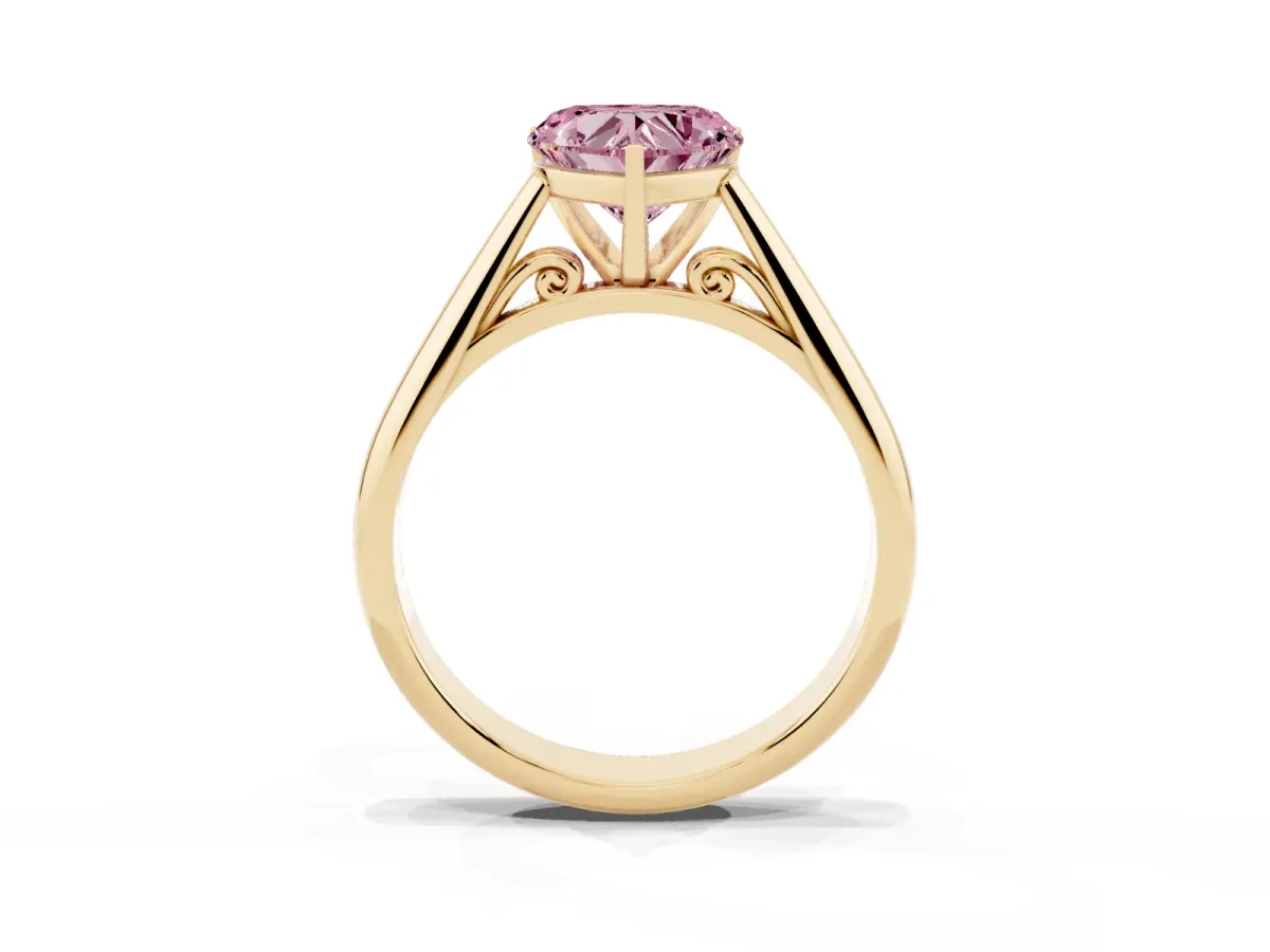 Fancy Pink Heart Cut Diamond Solitaire Engagement Ring with Cathedral Setting and Four-Prong Mount Yellow gold